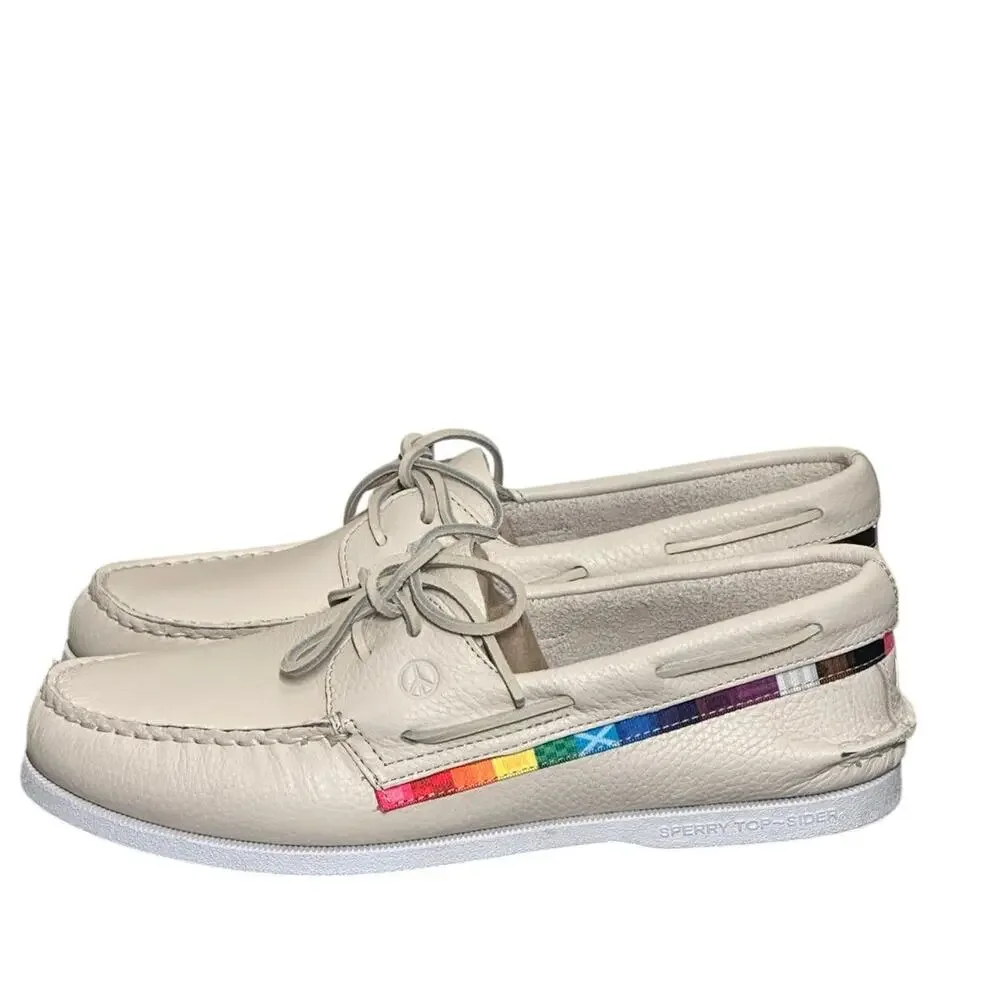 These are Sperry Authentic Original 2-Eye Pride boat shoes Rainbow Sz 11 NWOT